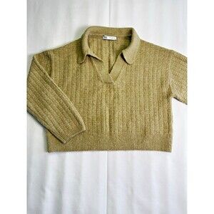 ZARA Beige Solid Collared Long Sleeve Ribbed Knit Pullover Sweater S